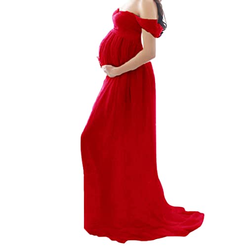 Vestido de Maternidad Lady Chiffon Off Shoulder Photography Maxi Vestido Embarazados Vestidos de Arrastre Rojo XL, Vestidos de Maternidad de invitado de Boda