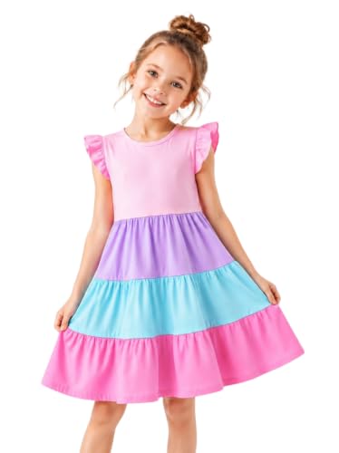 Image of HILEELANG Girls Cotton Tiered Dress Flutter Ruffle Sleeve Summer Swing Sundress Birthday Party Casual Outfit Colorblock 2-12Y