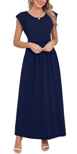 Image of DB MOON Womens 2026 Maxi Dresses Empire Waist Long Summer Dress Casual Cap Short Sleeve Sundress with Pockets