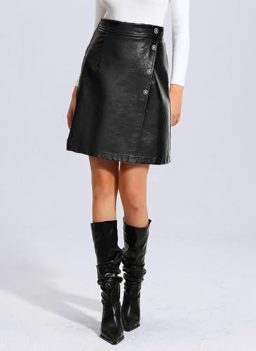 raita Faux Leather Skirts for Women High Waist Mini Skirt for Work Casual Pleather A Line Knee Length Wrap Skirt4