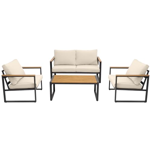 COMLAX FIELD Patio Furniture Set, 4 Pieces Outdoor Patio Furniture with Coffee Table Set, Metal Patio Conversation Sets with Washable and High-Resiliency Sponge Cushions, Upgarded Beige - Thumbnail 7