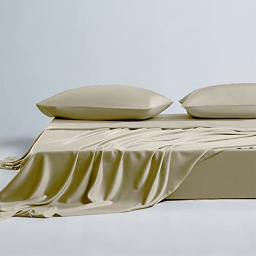 Ropulance Bedding 100% Silk Luxury Satin Sheets Set with Fitted Sheet 19 Inch Deep Pocket, 4 Pcs Sheet Set,and Pillowcases Set for Living Room(Dark Ivory,Full XL)