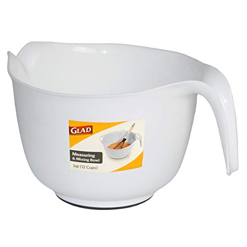 Glad Mixing Bowl With Handle – 3 Quart | Heavy Duty Plastic With Pour Spout And Non-Slip Base | Dishwasher Safe Kitchen Supplies For Cooking And Baking, White #TOP5