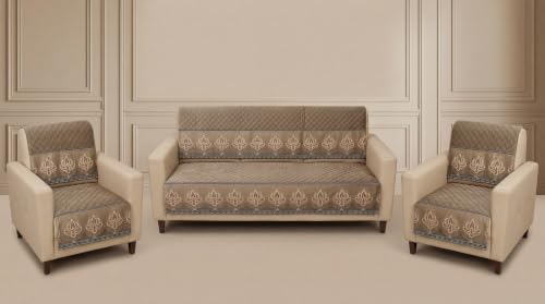 Image of KINGLY Sofa Cover 5 Seater 3+1+1 Velvet Full Cover - Italian Mousse | Fully covered quilted velvet slipcover, washable anti-slip thick furniture protector for 3+1+1 living room sofa