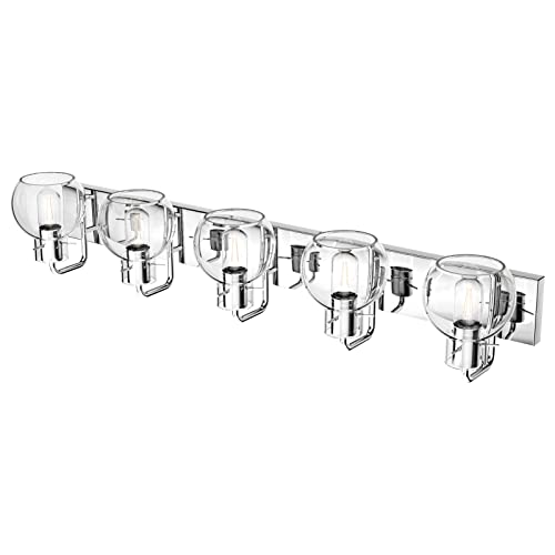 Image of Tipace 5 Lights Stainless Steel Modern Bathroom Vanity Light Fixtures Over Mirror Chrome Industrial Vanity Lights with Globe Clear Glass Farmhouse Bath Lighting(Exclude Bulb)