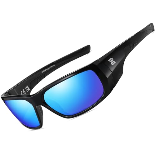 SHES Polarized Sports Sunglasses for Men Women Sun Glasses Fishing Driving Running Cycling UV400 Protection TR90 Frame SH2310 (Black Frame Mirrored Blue Lens)