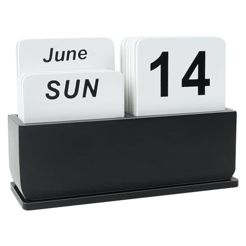 DEERINE Wooden Block Perpetual Calendar for Desk Daily Desktop Standing Flip Calendar with Large Display Modern Farmhouse Aesthetic Desk Accessories for Home Office Decor Reusable Yearly Black