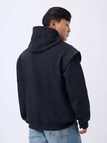 Image of The Souled Store Korean Hoodie: Midnight Men and Boys Long Sleeve Hooded Neck Black Solid Cotton Blend Heavy Fleece Pullover Oversized Hoodie