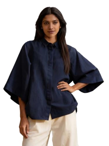 Image of Shirt for Women | Casual Button Down Long Sleeve Blouse | Oversized Striped Loose Fit Cotton Top with Pocket | Trendy Collar Aesthetics & Streetwear Tunics(34-S-1-5)