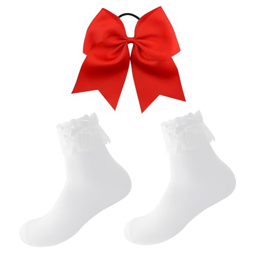 Schleife Haargummi Rot Große Ruschen Spitze Knöchelsocken Baumwolle Schleife Haarseil Cheerleader Haarschmuck Kopfbedeckung für Damen Mädchen Weihnachtsfeier Karneval Motto Party