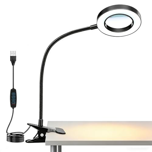 Image of ELEPHANTBOAT Table Lamp for Study Room USB Desk Clip Light, Study Table Lamp LED Reading Light for Book Desk Lamp with 10 Brightness, 10X Magnifying Glass, Flexible Gooseneck, USB Plug in