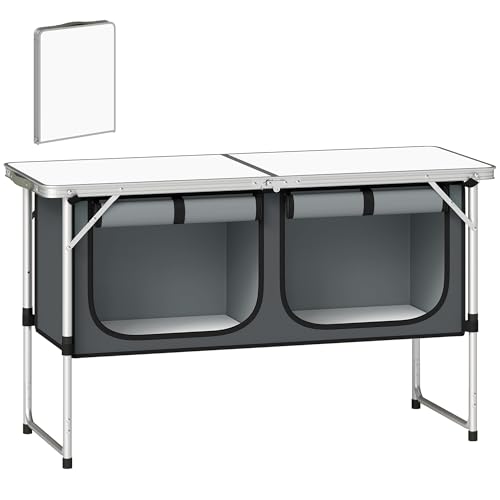 Outsunny Cucina da Campeggio Pieghevole, Mobile Cucina da Campeggio in Alluminio, MDF e Tessuto Oxford, per Picnic, BBQ e attività all'Aperto, 120x47x70 cm, Argento