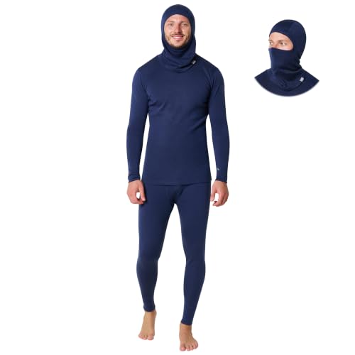 100% Merino Wool Base Layer Men Set - Thermal Long Underwear with Balaclava (XXX-Large, 330 Navy)