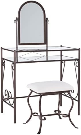 Linon Dark Metal Set Table with Upholstered Stool Clarisse Vanity, 52.4" x 31.8" x 18.3"