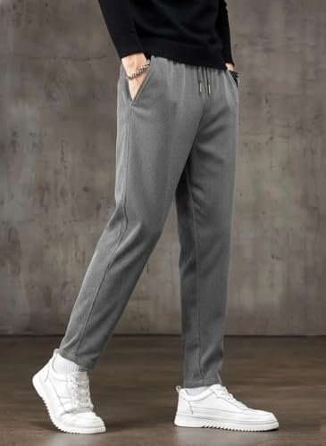 Image of SMOWKLY Men's Ribbed Casual Trousers | Cotton Blend Drawstring Elastic Waist Pants for Men | Comfortable Breathable Lounge Pants | Relaxed Fit Stylish Summer Bottom Wear for Men