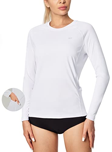 IUGA Long Sleeve Shirts for Women UPF 50+ Rash Guard Athletic Workout Tops with Pockets for Dry Fit Hiking Running Swim Shirt White