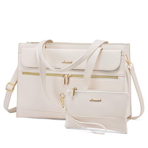 Image of LOVEVOOK Laptop Bag for Women 15.6 Inch Tote Work Professional Leather Computer Briefcase Waterproof Handbag Shoulder Large Capacity Business Teacher Office Crossbody Purse, 206# Beige White