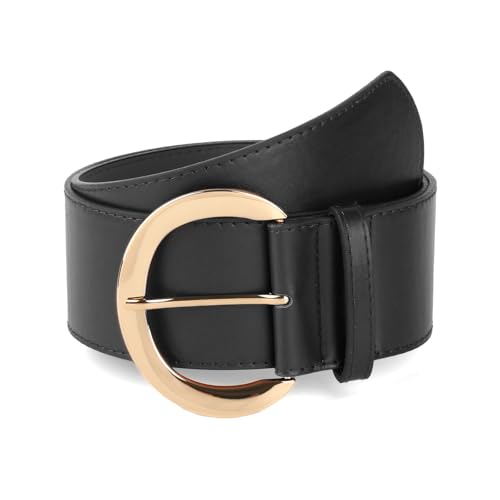 Valleycomfy Womens Wide PU Belt for Dresses Ladies Casual Laides with Gold Buckle Black