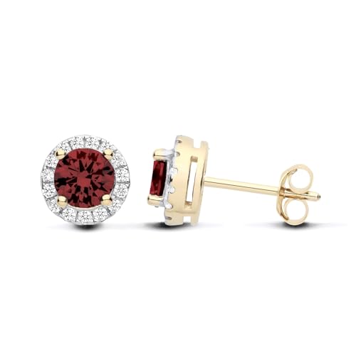Image of 9ct Yellow Gold on 925 Sterling Silver Ruby & CZ Halo Round Cluster Stud Earrings Ladies Girls