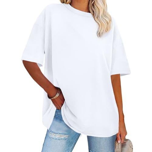 Womens Oversized Tshirt Graphic Tees Crew Neck Summer Short Sleeve Loose Fit Tops（Pure White, S）
