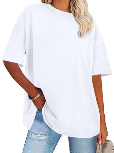Gosunny Tshirt Damen Sommer Tops Kurzarm Oversize Bluse Rundhals Casual Oberteil (White, 2XL)