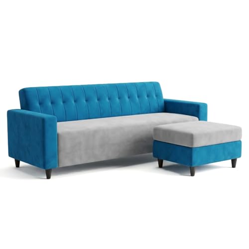 Image of FURNY Luxe 4 Seater L Shape Sofa Set with Movable Ottoman | Flexible Left or Right Layout | Plush Velvet Fabric (Aqua Blue-Light Grey) | Perfect for Living Room, Guest Room & Office