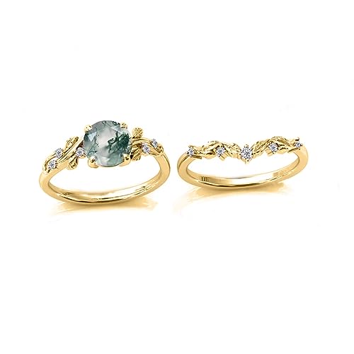 Natural Moss Agate Ring Solid 10K/14K/18K Gold Green Leaf Moss Agate Engagement Ring with Cubic Zirconia Engraved Name Wedding Bands for Women3