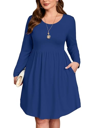Image of AusLook Women's Plus Size Long Sleeve Midi Dress Casual Empire Waist Loose Flowy Dresses A-Line Boho Long Dress with Pockets