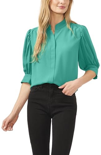 CECE Womens Open Collar Hidden Placket Top, Everglade, Large