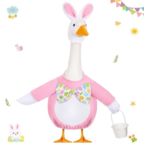 FuWeave Easter Bunny Goose Outfit Easter Egg Porch Goose Costume for Cement Plastic Geese Statue Spring Outdoor Garden Yard Patio Decoration(Light Pink,23 Inches,Cute Bunny)