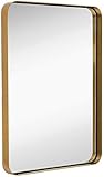 Hamilton Hills Contemporary Brushed Metal Wall Mirror | Glass Panel Gold Framed Rounded Corner Deep Set Design | Mirrored Rectangle Hangs Horizontal or Vertical (22' x 30')