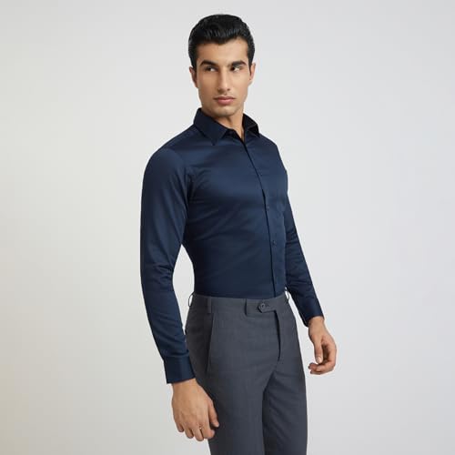 Image of Raymond Men Cotton Slim Fit Solid Pattern Semi Cut Away Collar Formal Shirt