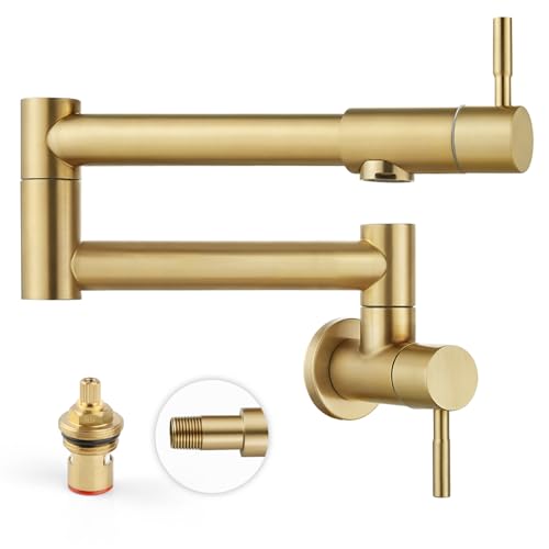 Heyalan Robinet pour remplissage de casserole, 48,3 cm, installation murale, pour cuisine et restaurant, en acier inoxydable, double articulation, filetage NPT, deux vannes droites, doré brossé