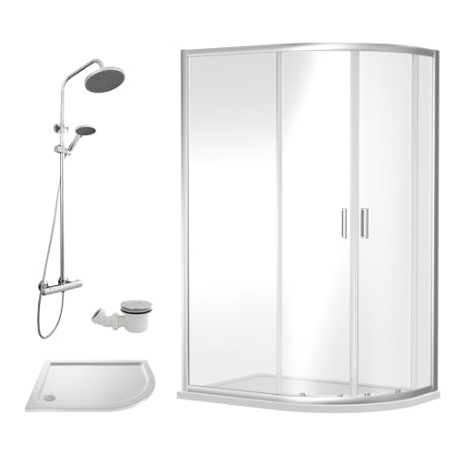 Balterley Offset Quadrant Shower Enclosure, Offset Quadrant Tray, Waste & Thermostatic Shower Kit, 6mm Toughened Safety Glass Door, Bar Handle Sliding Glass Door, Round Showerhead & Handset (Chrome)