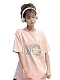 Women's Cute Cat Cartoon Print T-Shirt Kawaii Oversized Graphic Tees Y2K Men's Short Sleeve Tees Grunge Clothes (Pink,X-Large)