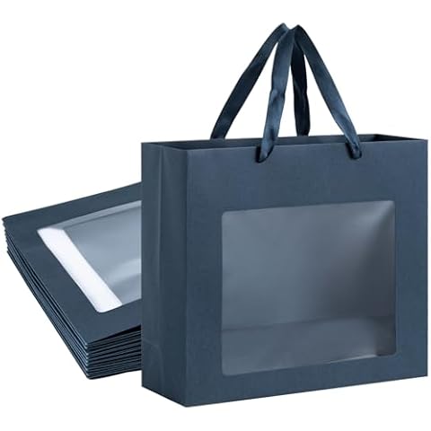 Dasofine Navy Gift Bag with Clear Window, Sturdy Navy Blue Paper Tote Bags with Transparent Window Paper Gift Bags with Handles, Flower Bouquet Bags,13.5”×4.5”×10.8” Cover