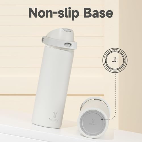 24 oz Insulated Water Bottle with Straw: Meoky Stainless Steel Metal Water Bottle with 2-in-1 Lid - Leak Proof, Cold for 24 Hours, Protective Silicone Base, BPA-Free for Sports Travel Car, Ivory