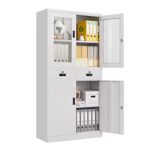185cm Steel File Locker Cabinet Lockable Filing Storage with 4 Adjustable Shelves and 2 Drawers,2 Tempered Glass Door & 2 Metal Door Cupboard Office Garage Stationary