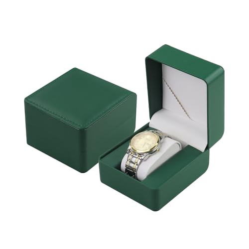 FuninCrea Watch Case, Single PU Leather Watch Travel Case Jewelry Storage Case Organizer with Removable Cushion, Portable Square Watch Box Bracelet Holder for Most Watches, Smart Watch (Green A)