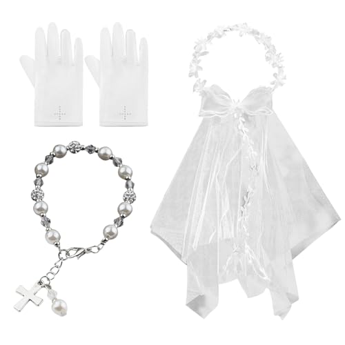 3 Pcs First Communion Veil Set-First Communion Veil Wedding Hair Accessories for Girls White Floral Wreath Lace Veil Flower Crown Charm Cross Bracelet Gloves for Catholic Party Celebrations Weddings