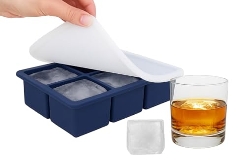 Image of 1PECK Large Ice Cube Tray with Lid, 6 Grid Stackable Big Silicone Square Ice Cube Mold for Whiskey Cocktails Bourbon Soups Frozen Treats, Easy Release BPA Free(Black) (Blue- 1PECK 6 Cavity)