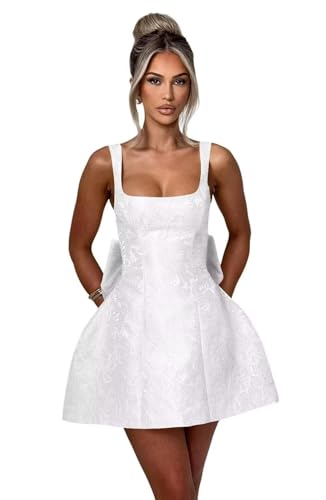 DVBTRGN Jacquard Satin Homecoming Dresses for Teens Short White Bridal Shower Dress Square Neck Bow HOCO Graduation Birthday Party Gowns US4