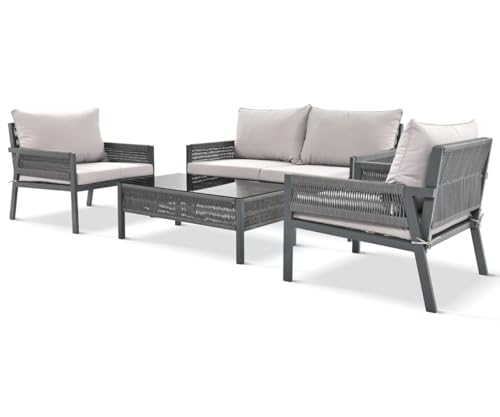 Image of 4 Seater Indoor /Outdoor Rope Woven Patio Conversation Set Powder-Coated Iron Frame Handwoven Weaving Rope Modern Sofa for Balcony,Backyard,Living Room,Waterproof Furniture(Grey)