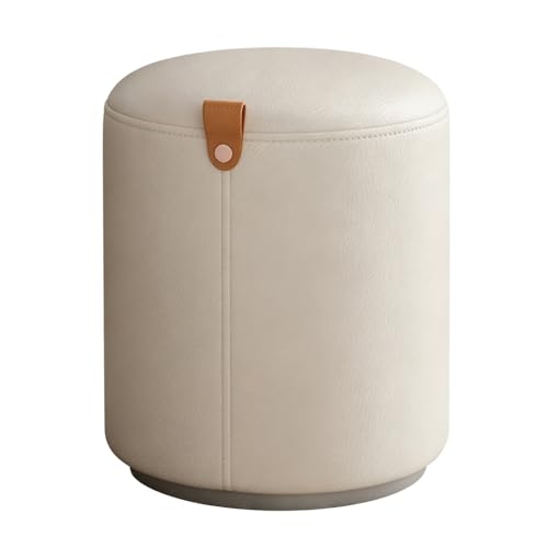 ZXTRYBHD Taburete Reposapies, Taburete Redondo Moderno para Tocador con Asa, Otomana de Cuero Tapizada para Maquillaje, para Dormitorio, Vestidor o Sala de Estar(Natural)