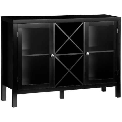 HOMCOM Buffet de Cuisine Meuble de Rangement avec étagères réglables et Porte-Bouteilles avec 2 Portes en Verre - MDF - Dim. 107l x 30P x 77H cm Noir