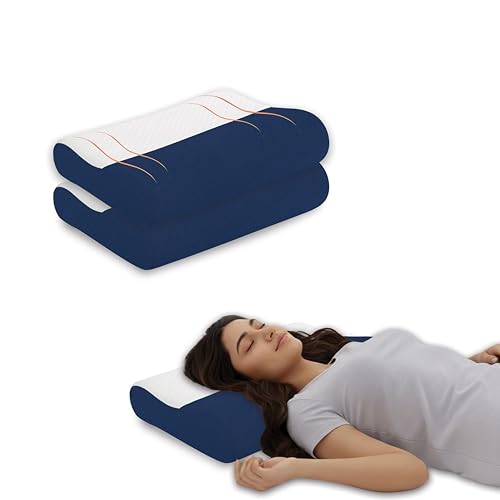 Image of Memory Foam Cervical Pillow Set of 2, 220 GSM Jacquard Cover, Ergonomic Contour Design for Neck Alignment, 48 x 30 cm, Blue and White Dual Tone, Comfortable Sleeping Bed Cushion