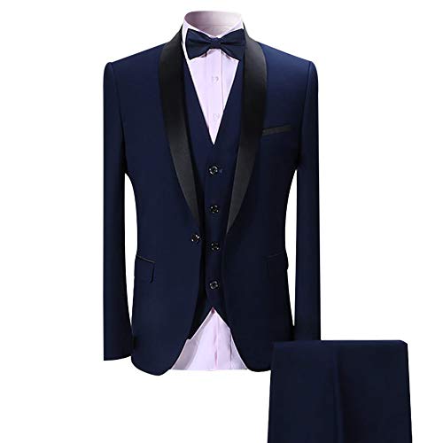 Sliktaa Homme Costume Élégant 3 Pièces Bleu Tuxedo Slim Fit Classique d'affaires Mariage Bals Veste+Gilet+Pantalon,M,Bleu - Image 3