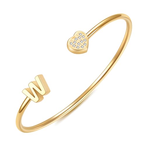 Image of VQYSKO Heart Initial Cuff Bracelets for Woman-CZ Stainless Steel Adjustable Open Bracelet Woman Jewellery,Birthday Gifts for Woman