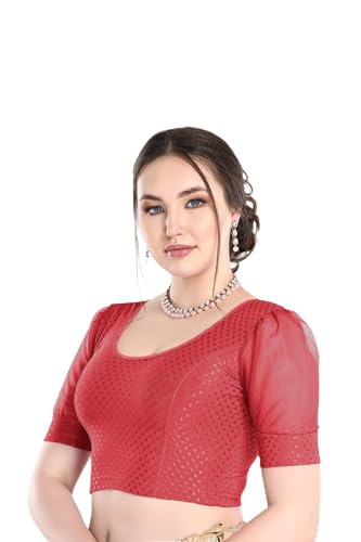 Image of FINESTFIT Stay On Trend Fashion 100% Cotton Readymade Blouses for Women,Round Neckline with Organza Balloon Sleeves.