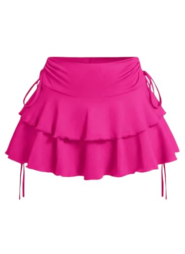 PRSFPN Womens Y2k Mini Ruffle Skirts with Shorts Tiered Layers Cute Elastic Waist Coquette Skort Drawstring Side Bow Tie (US Alpha Medium Regular Regular Hot Pink)